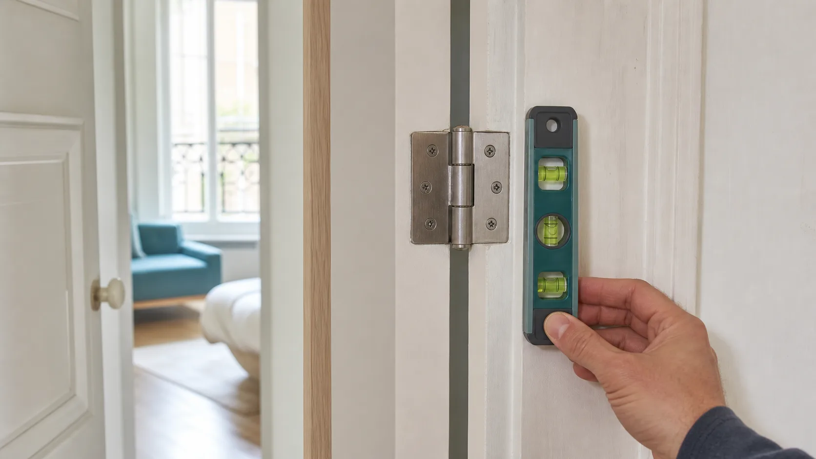 Contrôle de l’alignement d’un gond de porte réparé avec un niveau