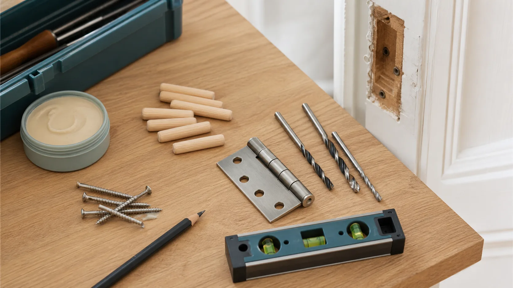 Outils et matériaux préparés pour réparer un gond de porte arraché