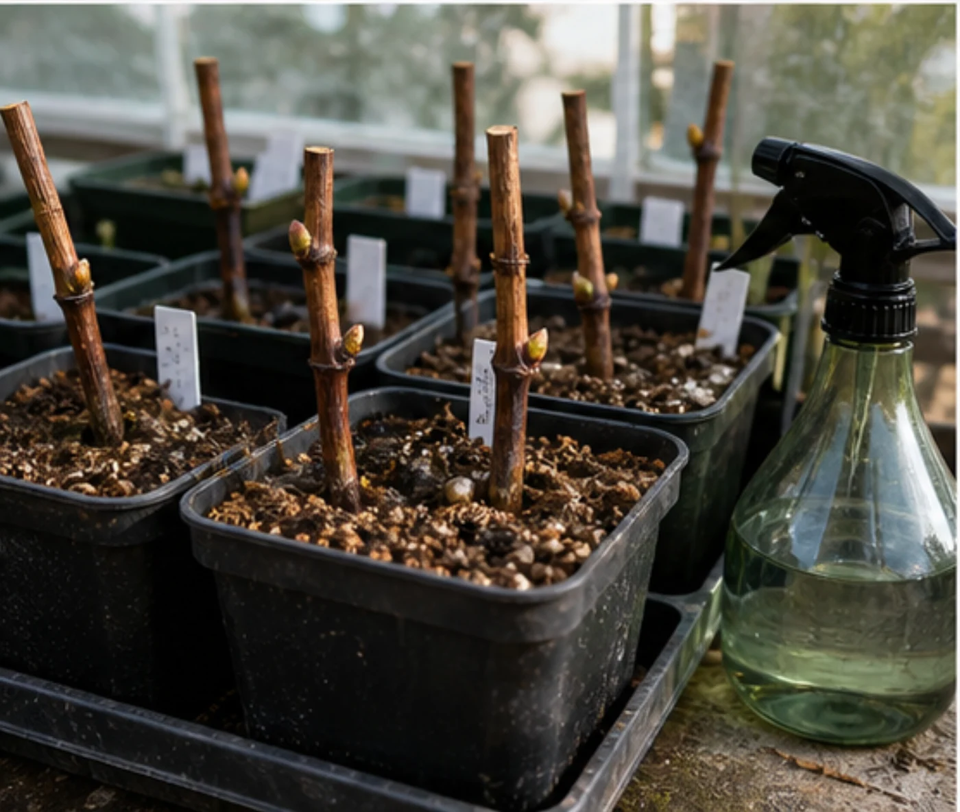 Boutures de vigne plantées en pots dans un substrat drainant.