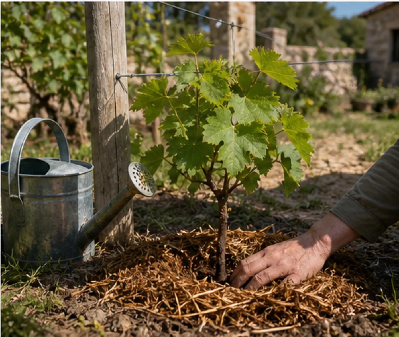 Jeune plant de vigne transplanté près d’une treille dans un jardin.