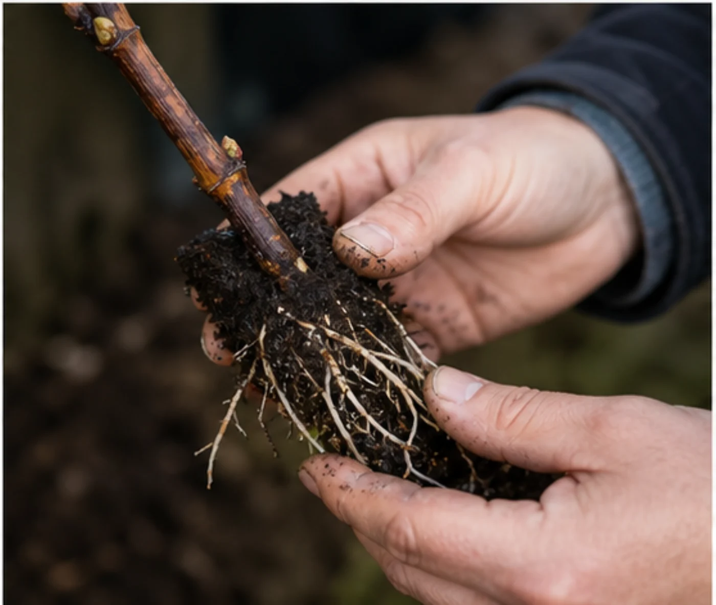 Jeune bouture de vigne avec racines blanches contrôlées délicatement.