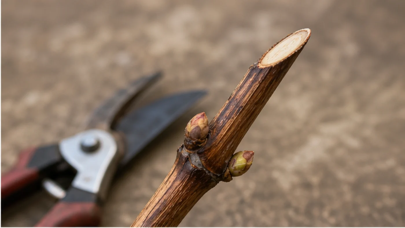 Sarment de vigne sain avec bourgeons visibles et coupe nette.