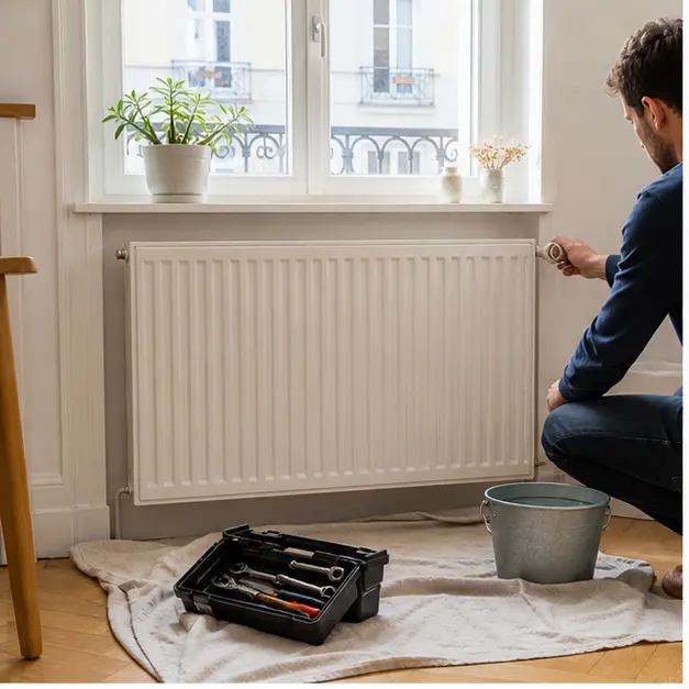 radiateur en appartement avec outils préparés pour une intervention sur le robinet