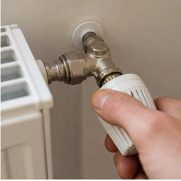 gros plan sur une tête thermostatique de radiateur en cours de vérification