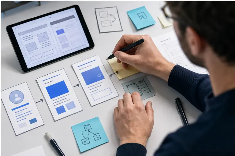 Designer produit cartographiant un workflow IA avec wireframes et cartes