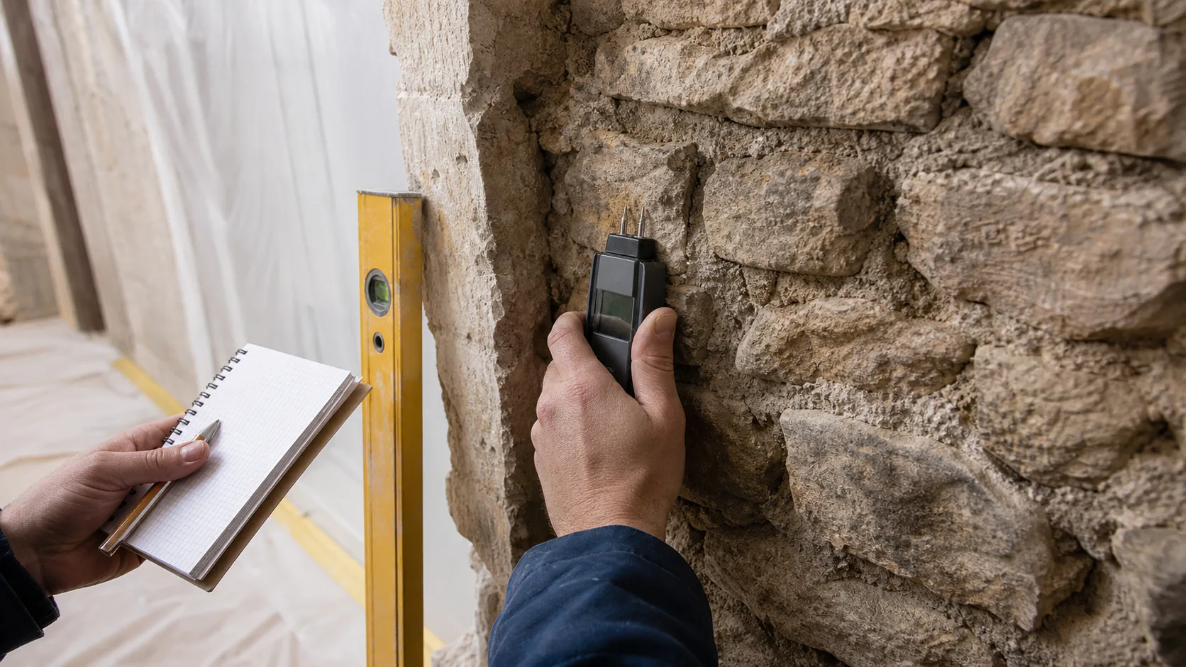 Diagnostic d’humidité et de stabilité sur un mur en pierre avant ouverture