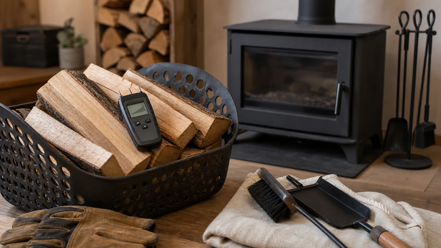 Bois sec et outils d’entretien près d’un poêle à bois froid
