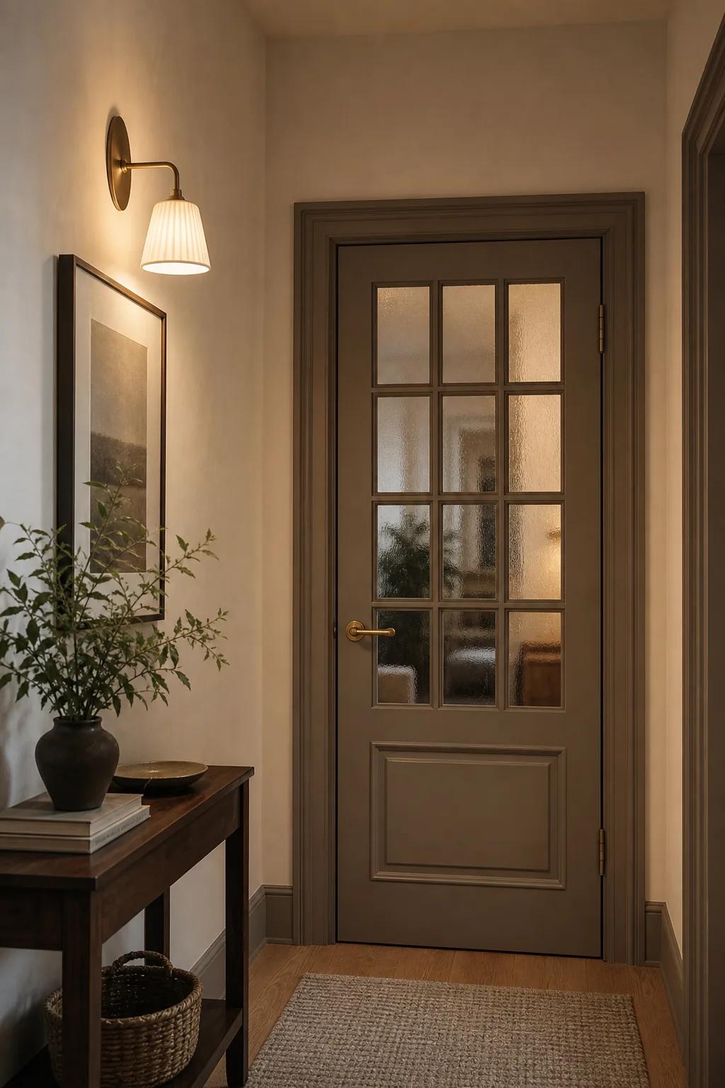 Porte vitrée à petits carreaux repeinte en ton taupe avec poignée laiton