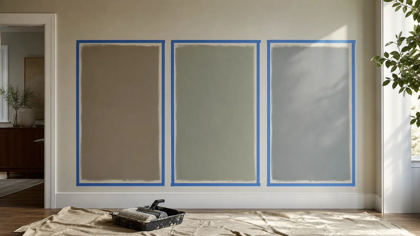 Tests de peinture sur un mur avec trois nuances proches