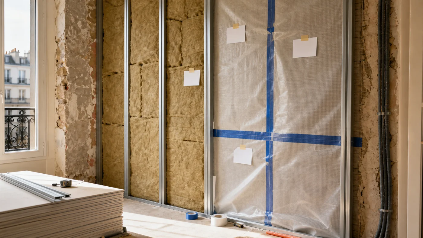 Coupe de mur en rénovation avec laine de verre, ossature et membrane d’étanchéité