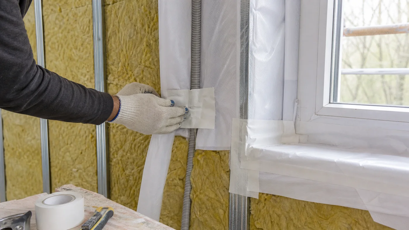 Pose soignée d’une membrane autour d’une fenêtre pour limiter les fuites d’air