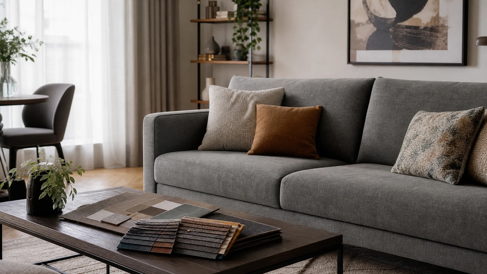 Canapé microfibre gris avec échantillons de tissus dans un salon lumineux