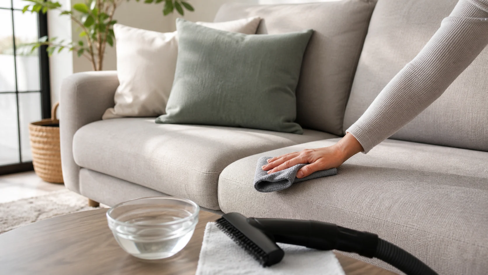 Entretien doux d’un canapé en microfibre avec chiffon et brosse d’aspirateur