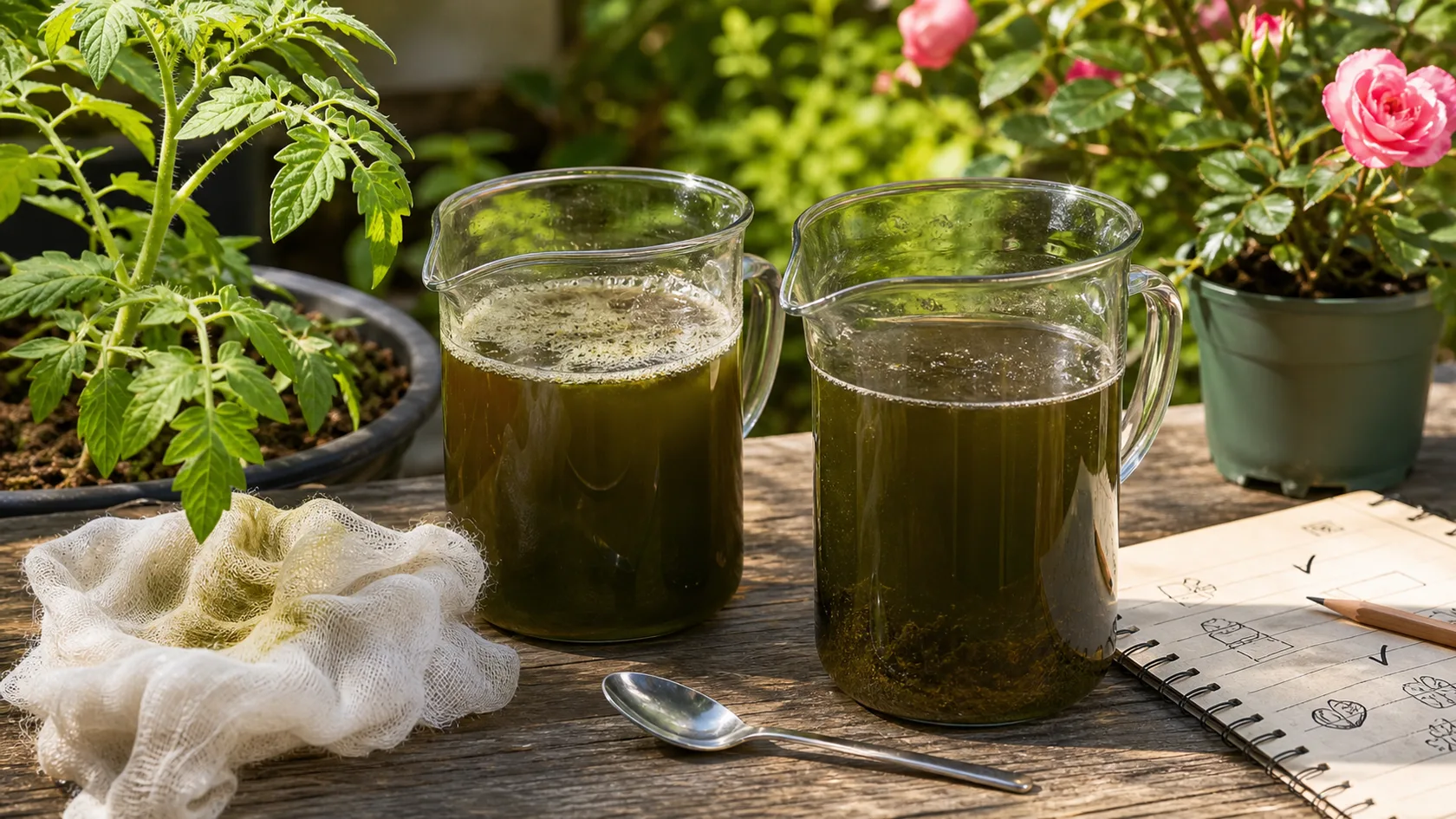 Deux bocaux de purin d’ortie dilué comparés avant utilisation au jardin