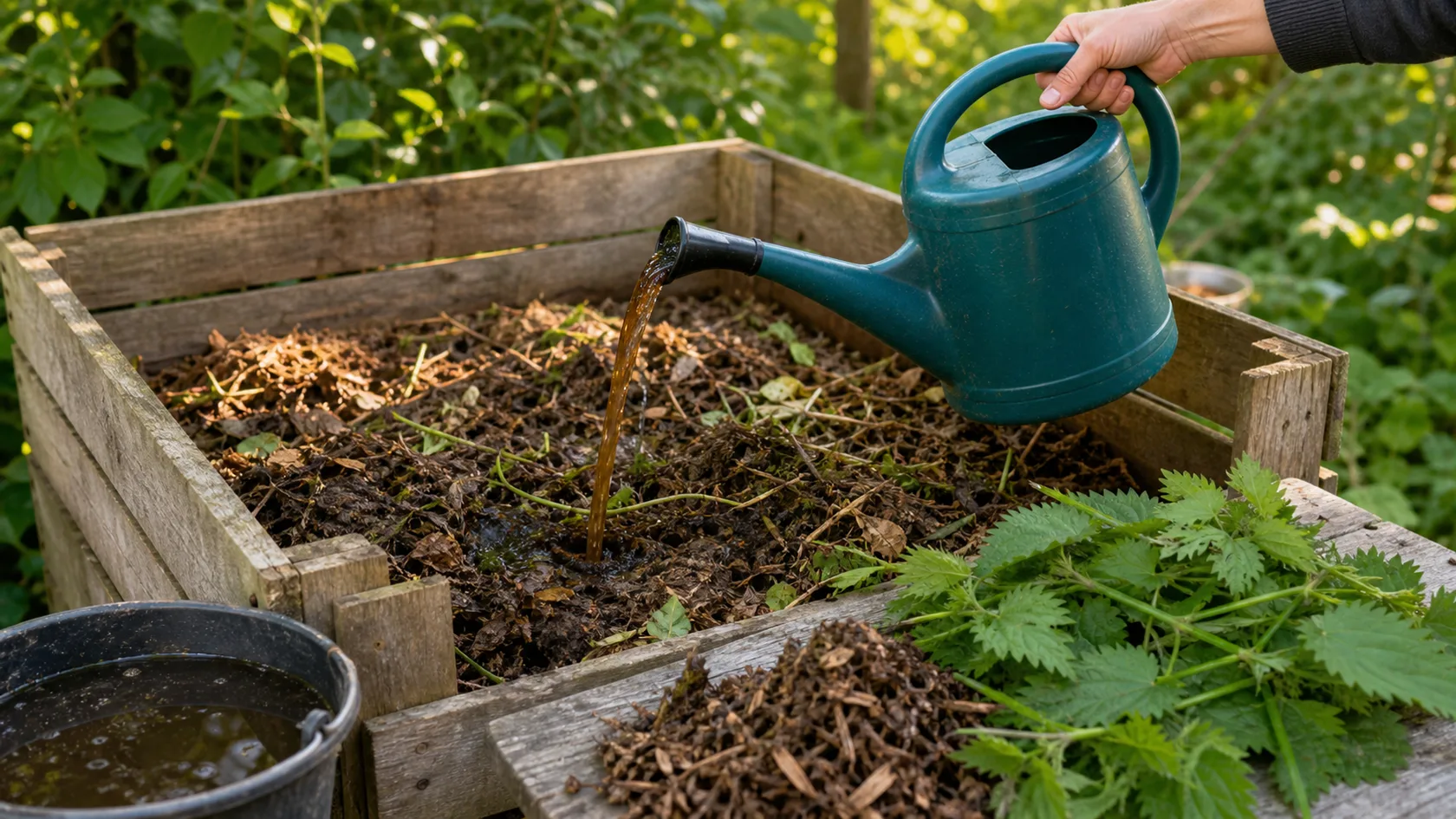 Arrosoir versant un ancien purin d’ortie dilué sur un compost de jardin