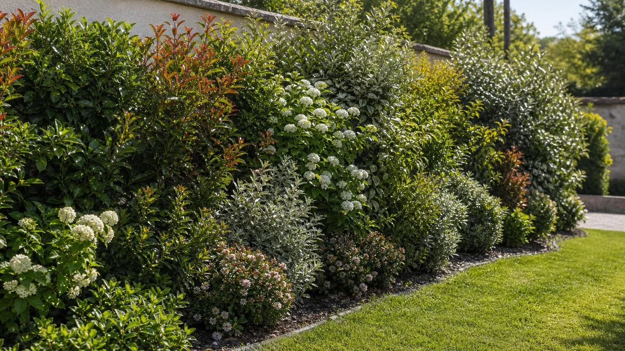 Haie mixte persistante avec arbustes variés dans un jardin français