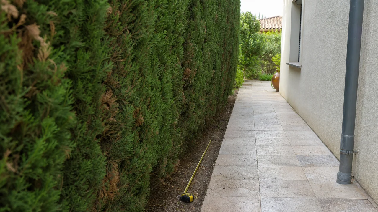 Cyprès plantés très près d’une terrasse avec un passage d’entretien étroit