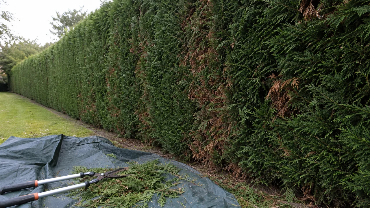 Outils de taille devant une haie de cyprès avec zones brunes et branches coupées