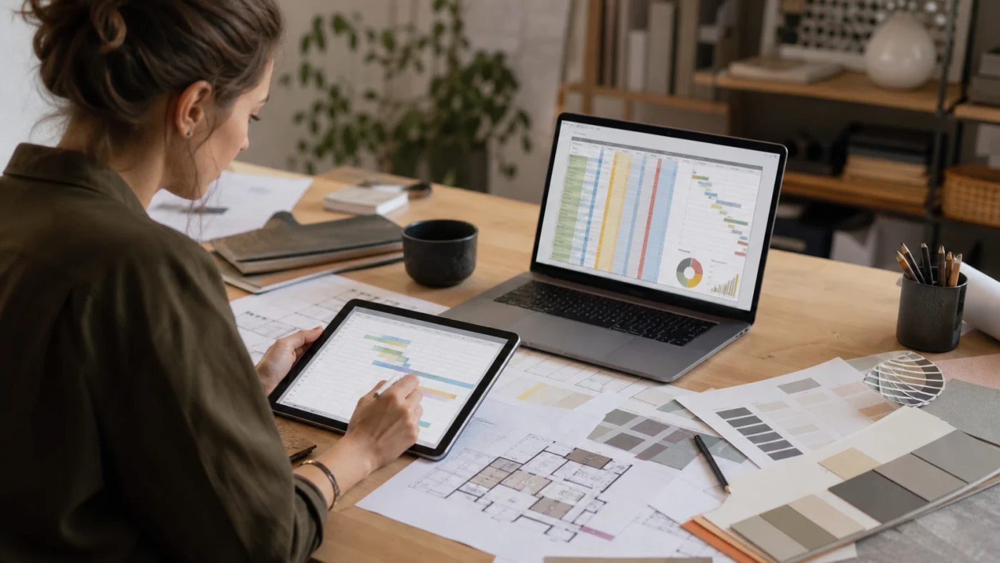 Architecte d’intérieur consultant un planning de chantier et un tableau de suivi