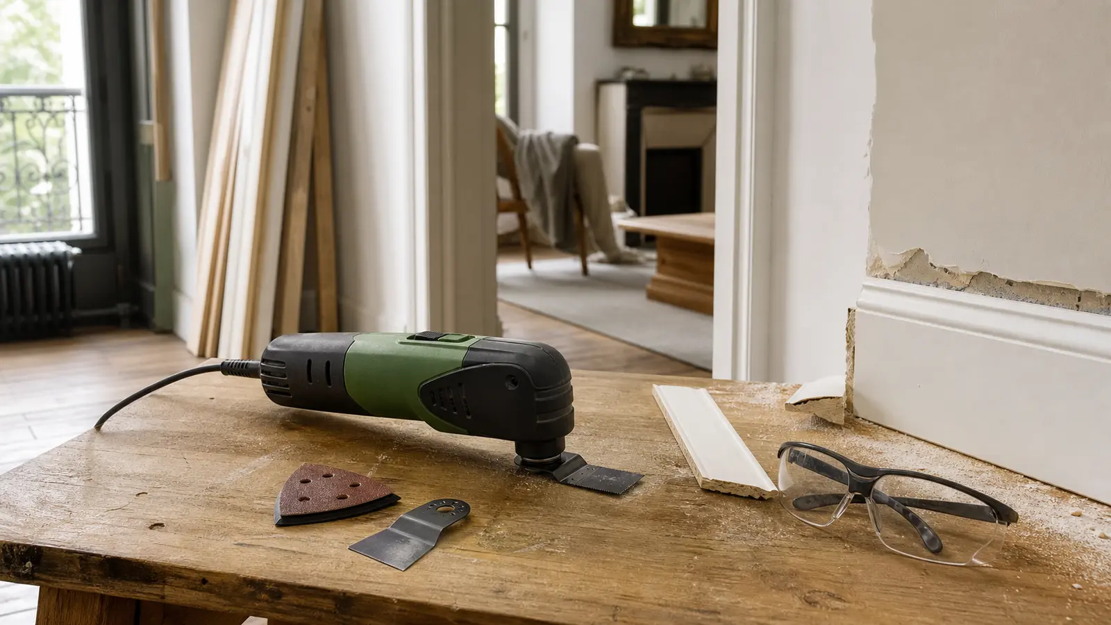 Outil multifonction oscillant posé sur un établi pendant une rénovation de plinthe