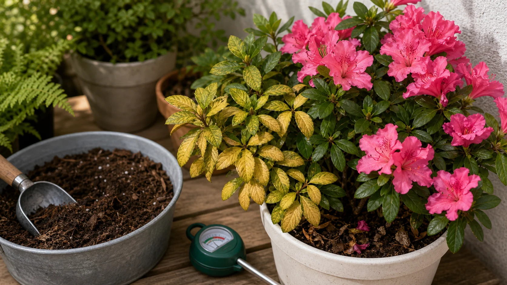Azalée en pot avec feuilles jaunes et fleurs roses sur une terrasse