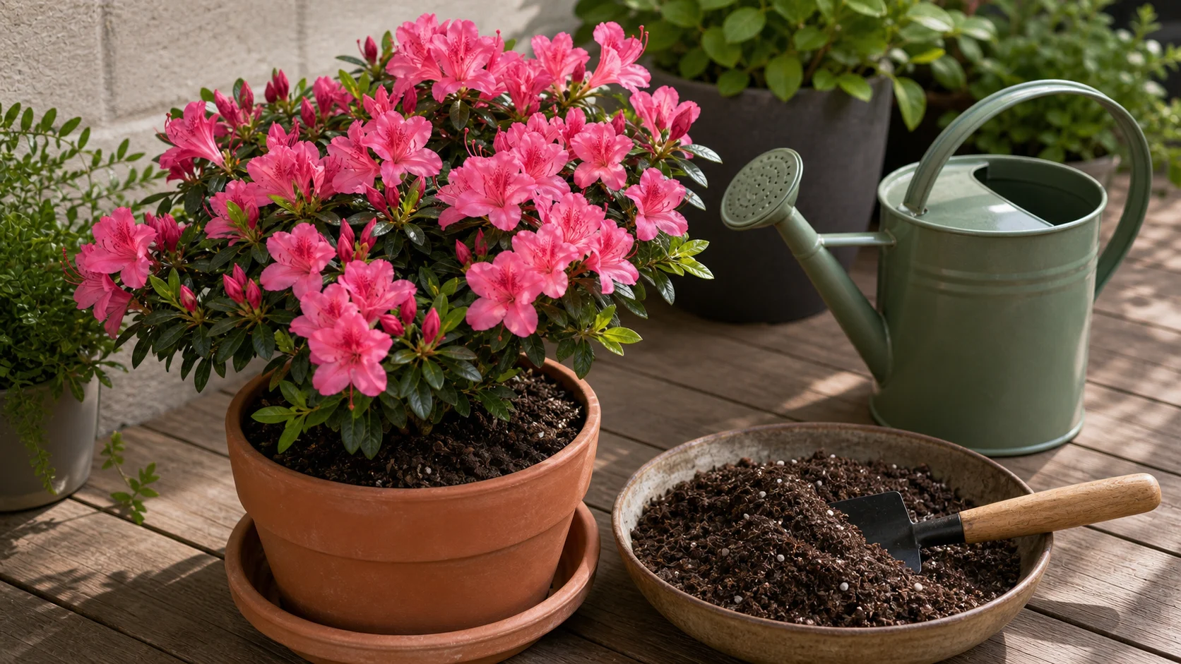 Azalée rose en pot avec arrosoir et substrat acide sur une terrasse