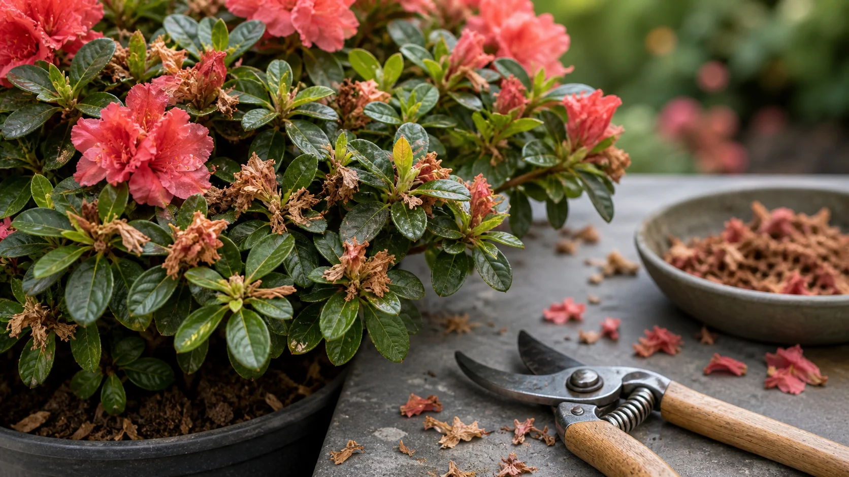 Azalée après floraison avec fleurs fanées et sécateur de jardin