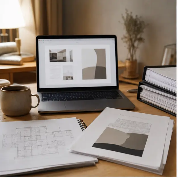 bureau chaleureux avec ordinateur et documents PDF organisés pour un projet d’aménagement