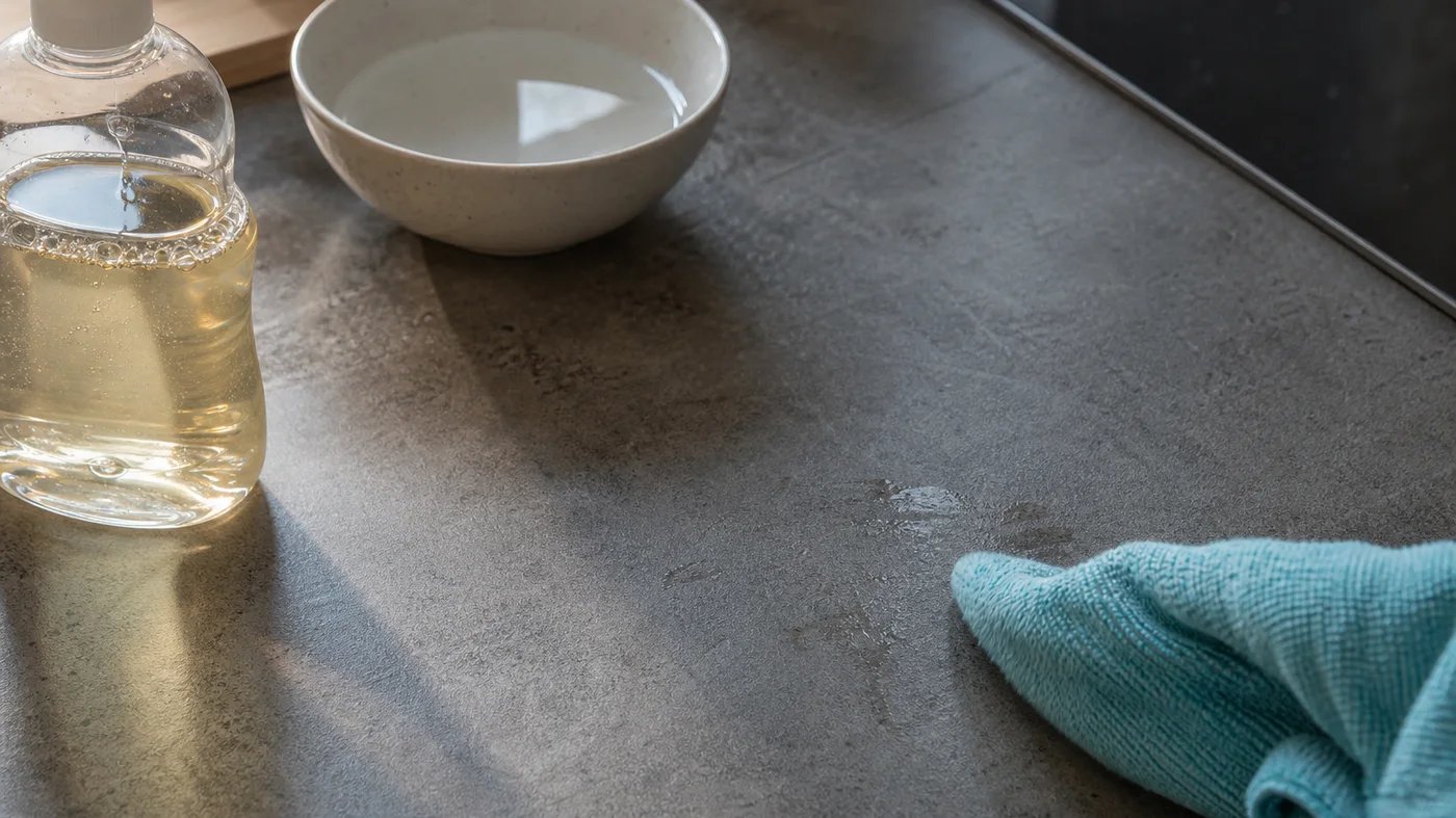 Nettoyage d'un film gras sur un plan de travail stratifié avec un chiffon microfibre