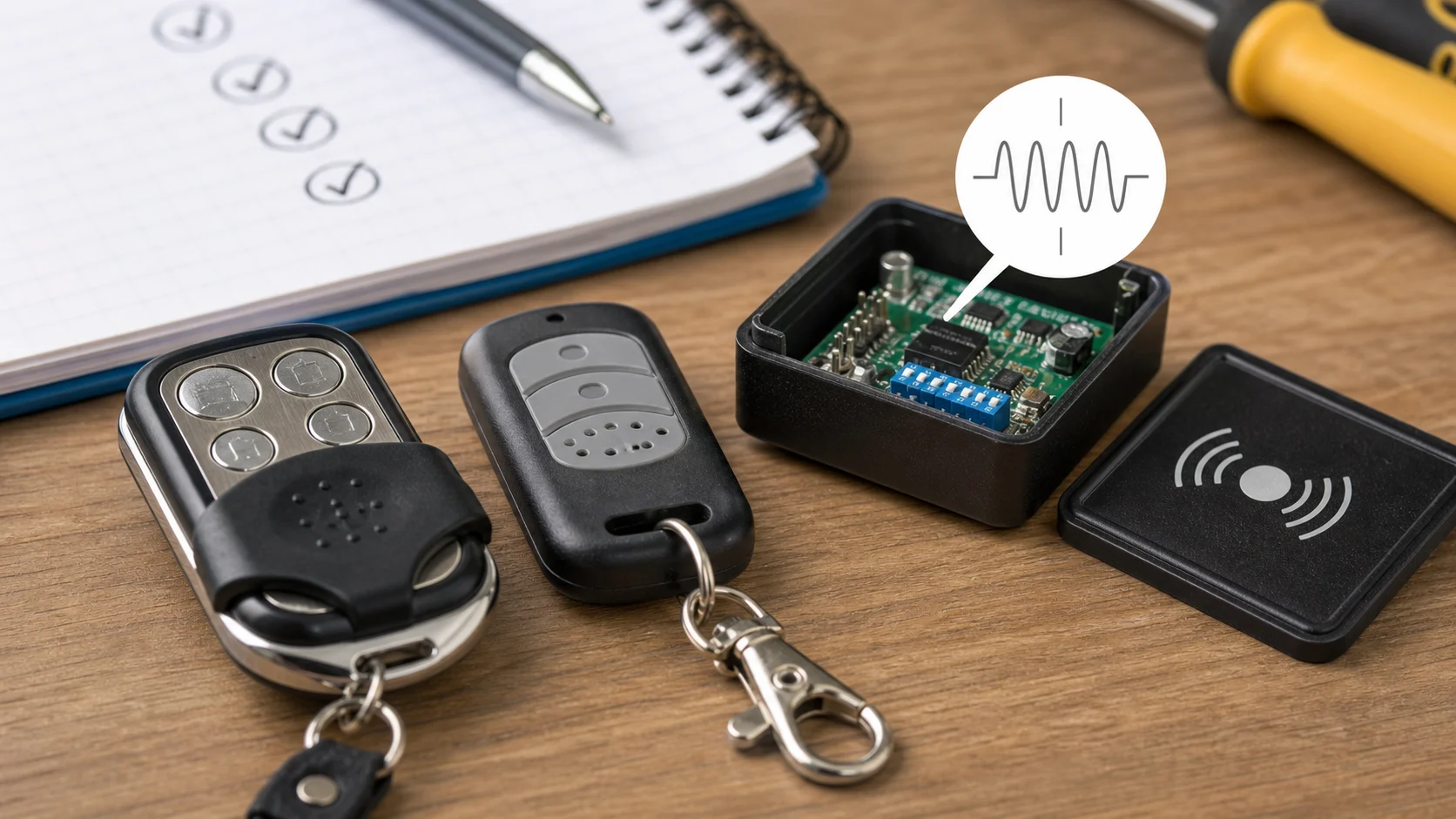 Télécommandes de portail et récepteur radio générique sur un établi