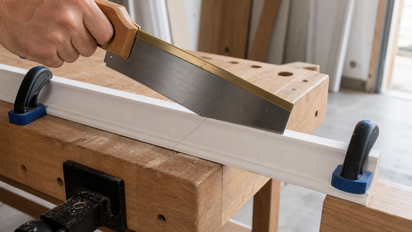 Plinthe maintenue avec serre-joints pendant une coupe à la scie fine