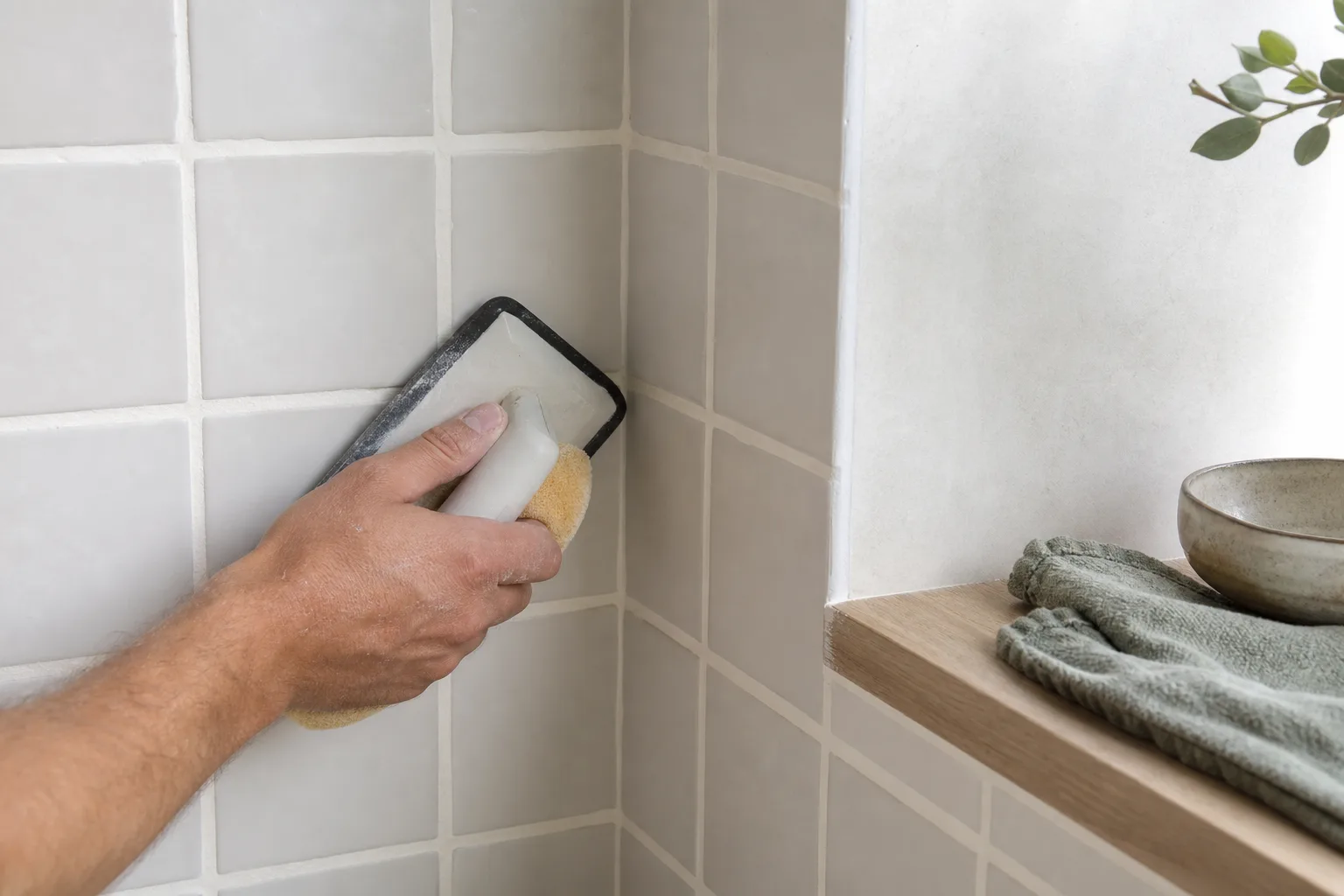 Application du joint et nettoyage d’un angle de carrelage mural