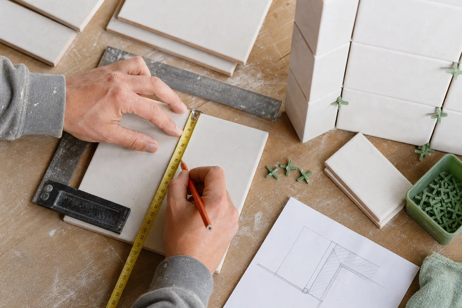 Mains mesurant et traçant des carreaux avant la pose près d’un angle mural
