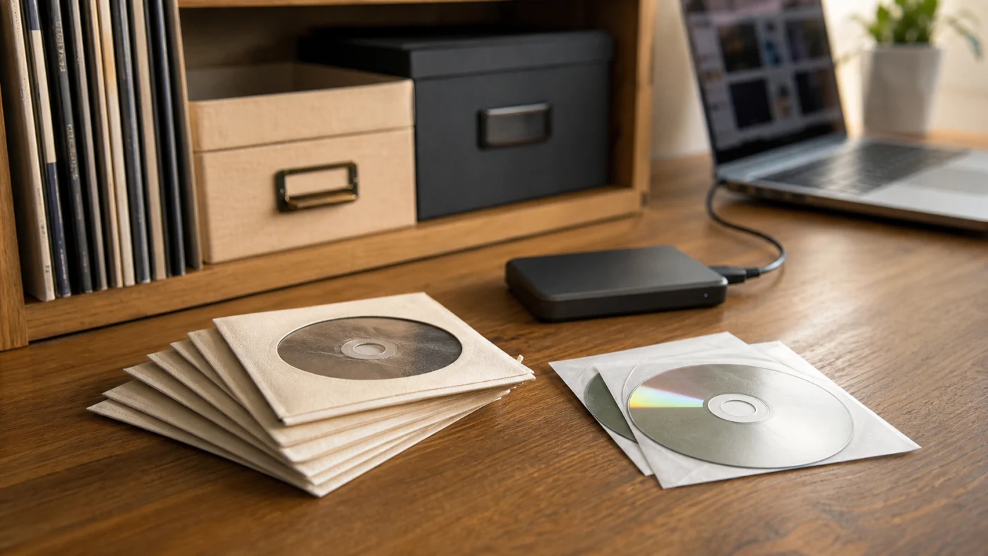 CD archivés avec sauvegarde sur disque externe.