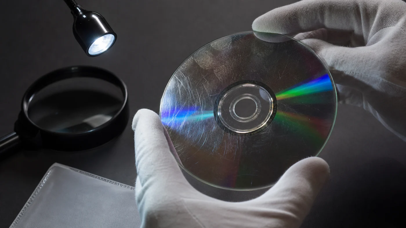 Inspection d’un CD rayé sous une lumière rasante avec des gants.