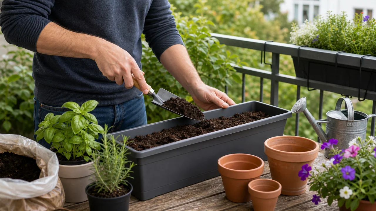 Jardinière remplie de terreau avec pots et plantes sur un balcon
