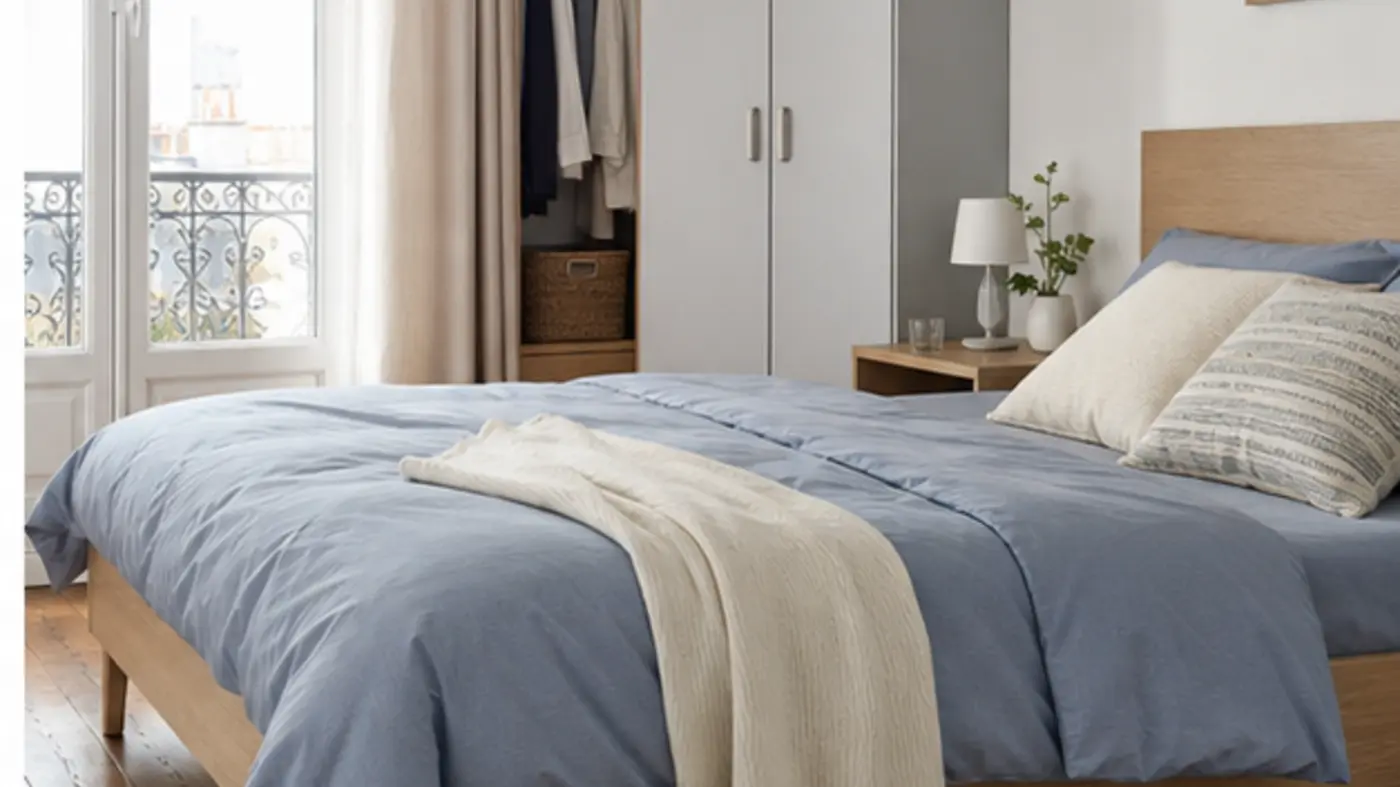 Chambre lumineuse avec lit simple textiles naturels et rangement discret
