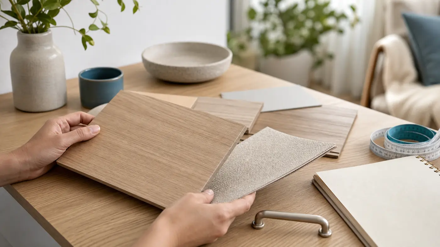Échantillons de bois clair tissu beige poignée métal et mètre ruban sur une table