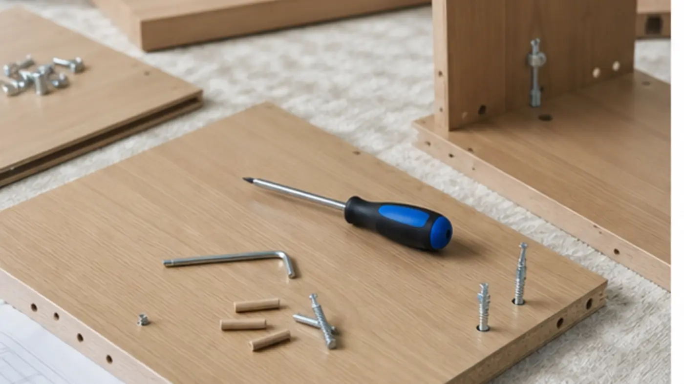Panneaux de meuble en kit avec visserie et tournevis prêts pour le montage