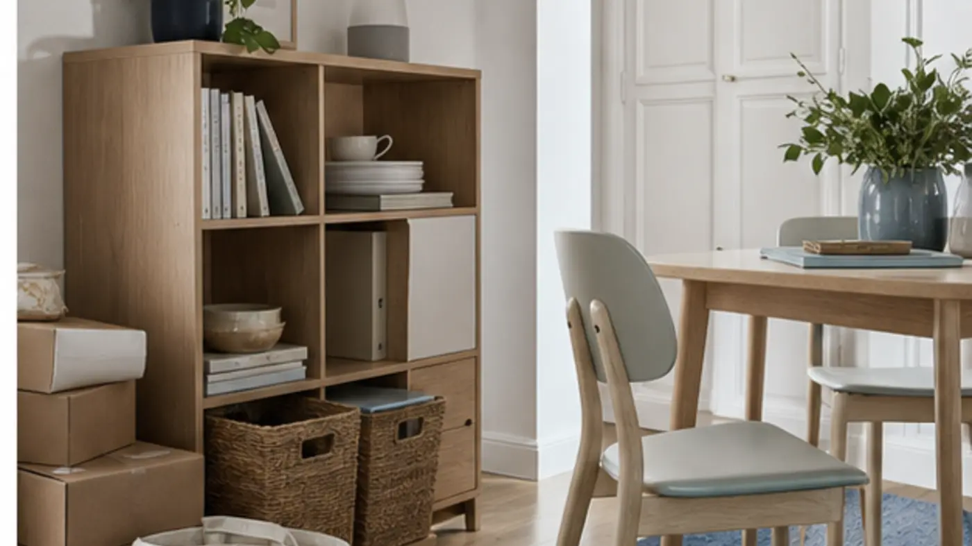 Coin repas avec étagère en bois clair paniers de rangement et table compacte
