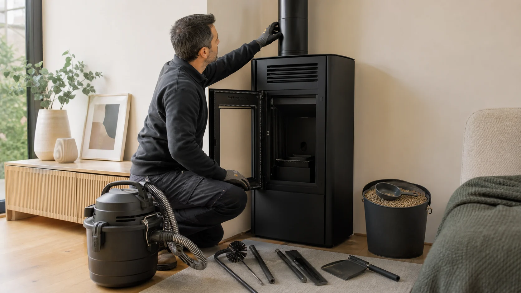 Technicien contrôlant un poêle à granulés éteint avec outils d’entretien