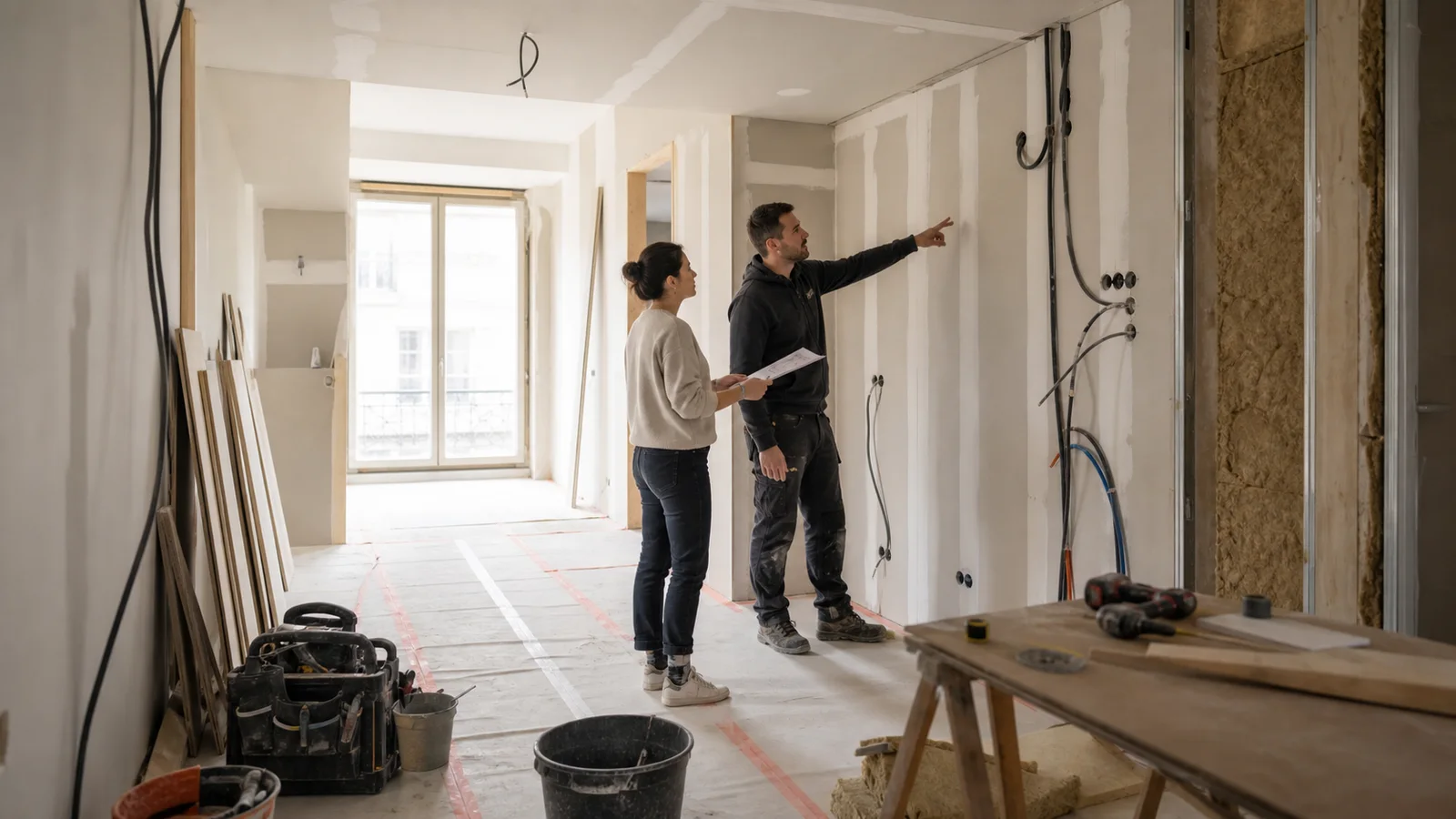 Chantier de rénovation intérieure préparé avant les finitions