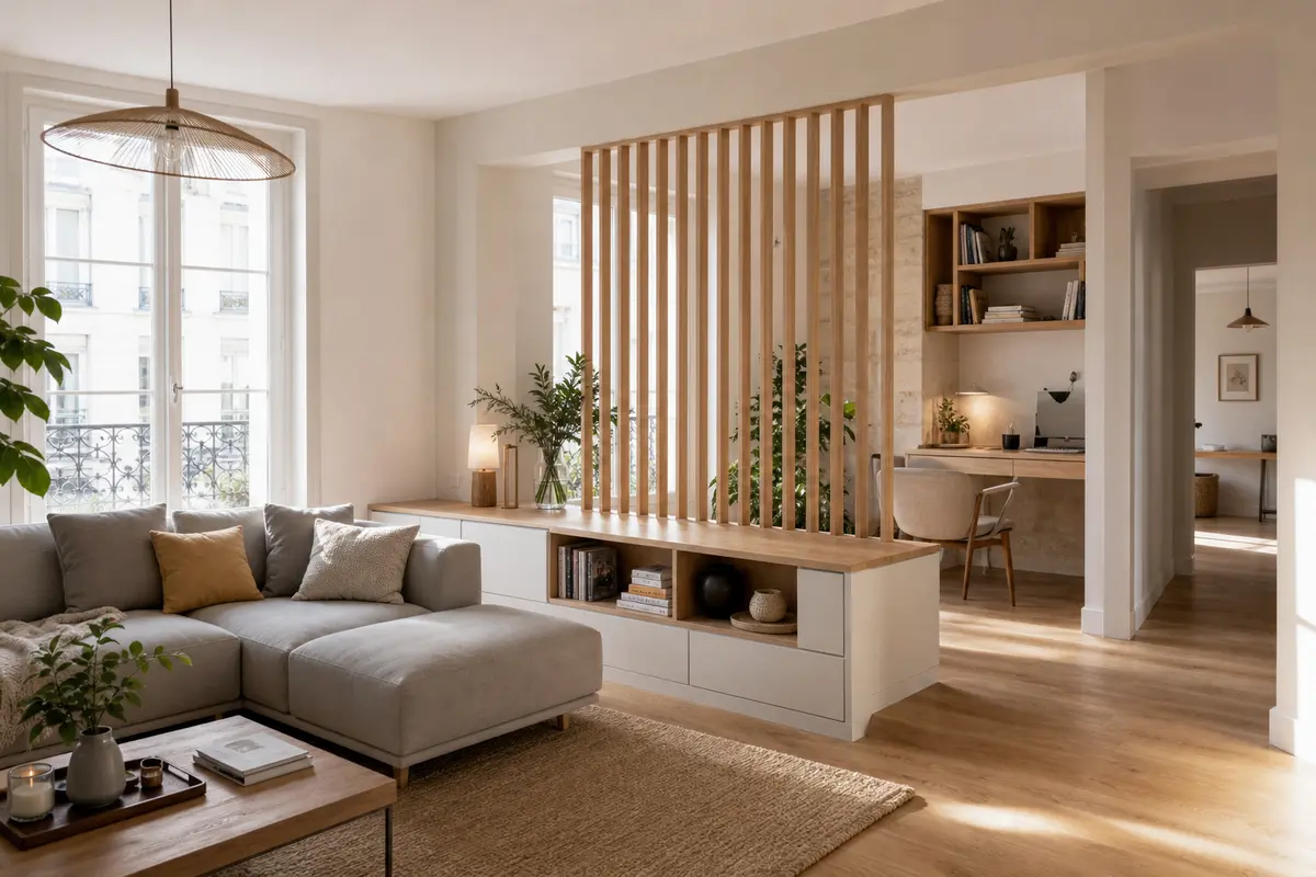 Séjour avec claustra bois, rangements bas et coin bureau séparé par la lumière