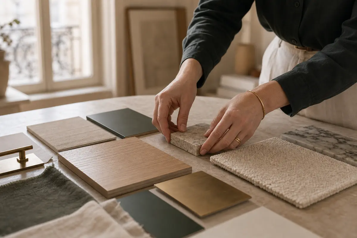 Échantillons de bois, peinture et textiles choisis pour harmoniser un projet de design d’espace
