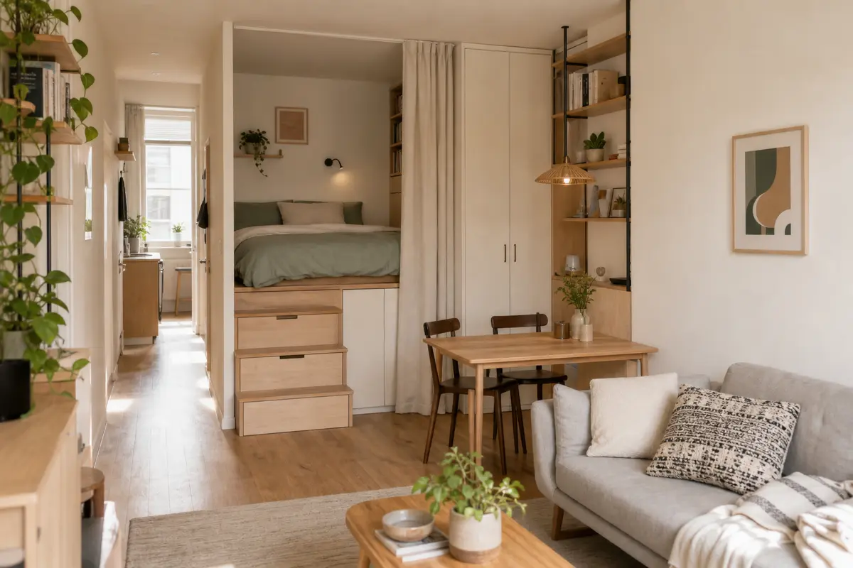 Studio compact organisé avec coin nuit, rangements intégrés et circulation dégagée