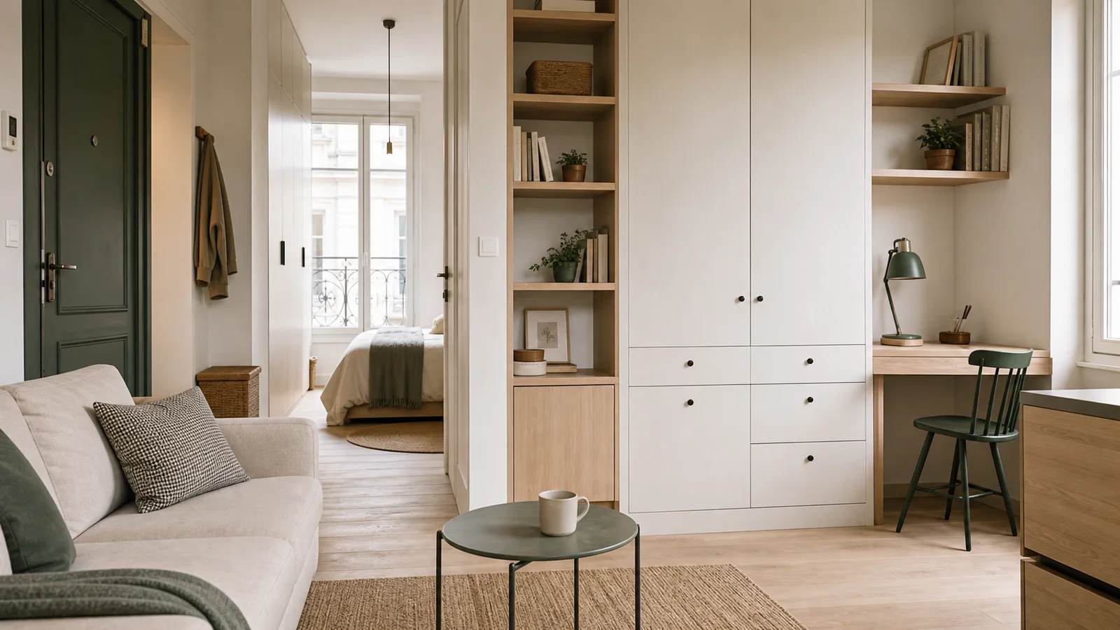 Petit appartement optimisé avec rangement intégré, bureau discret et circulation lisible