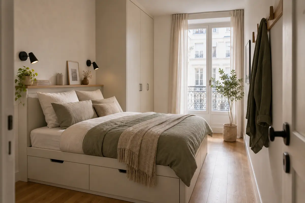Petite chambre avec lit à tiroirs et passage dégagé