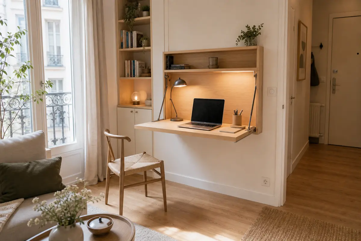 Mur de rangements intégrés dans un petit appartement avec passage dégagé