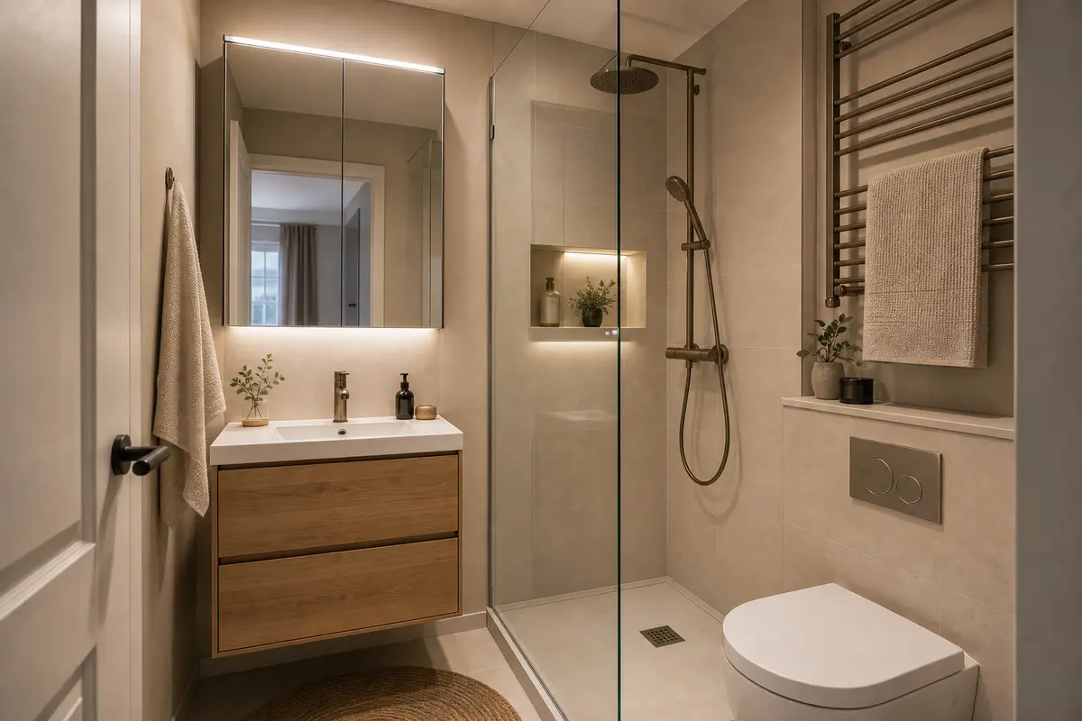 Petite salle de bains optimisée avec douche vitrée et meuble compact