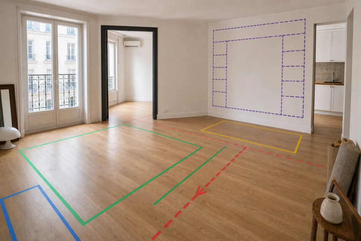 Petit appartement vide avec tracés de zonage au sol pour préparer l’aménagement